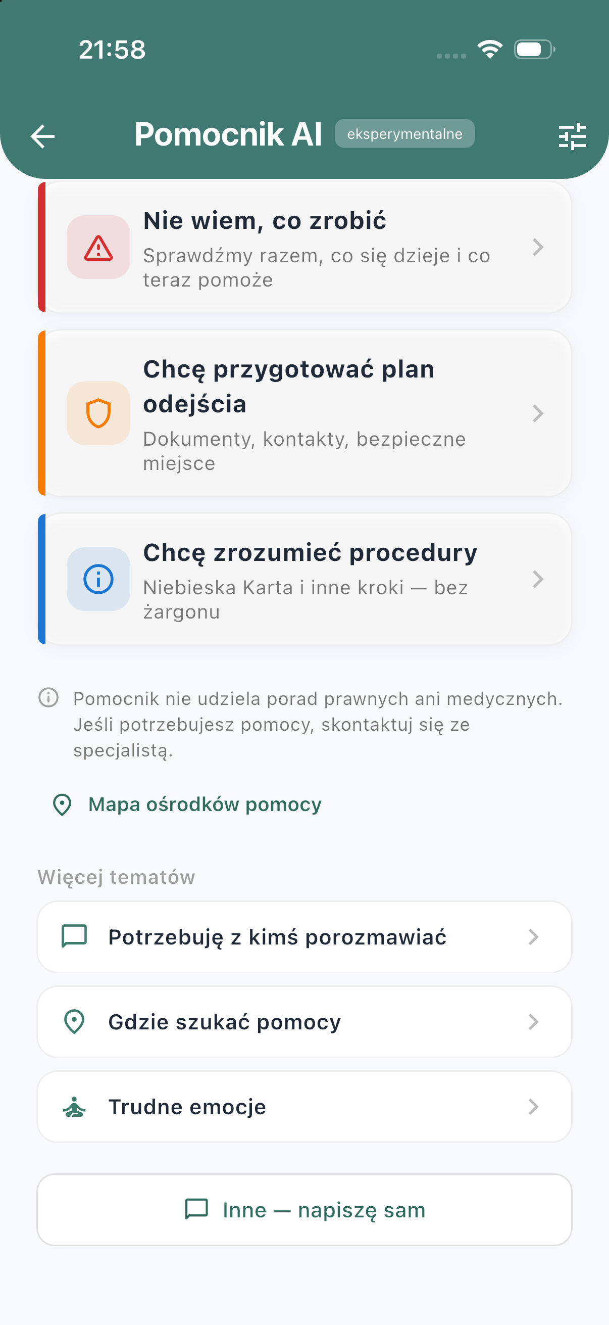 Rozwinięta lista tematów i informacja o ograniczeniach Pomocnika AI